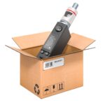 Ein moderner Vaporizer liegt in einer geöffneten Versandbox, bereit zur Lieferung.